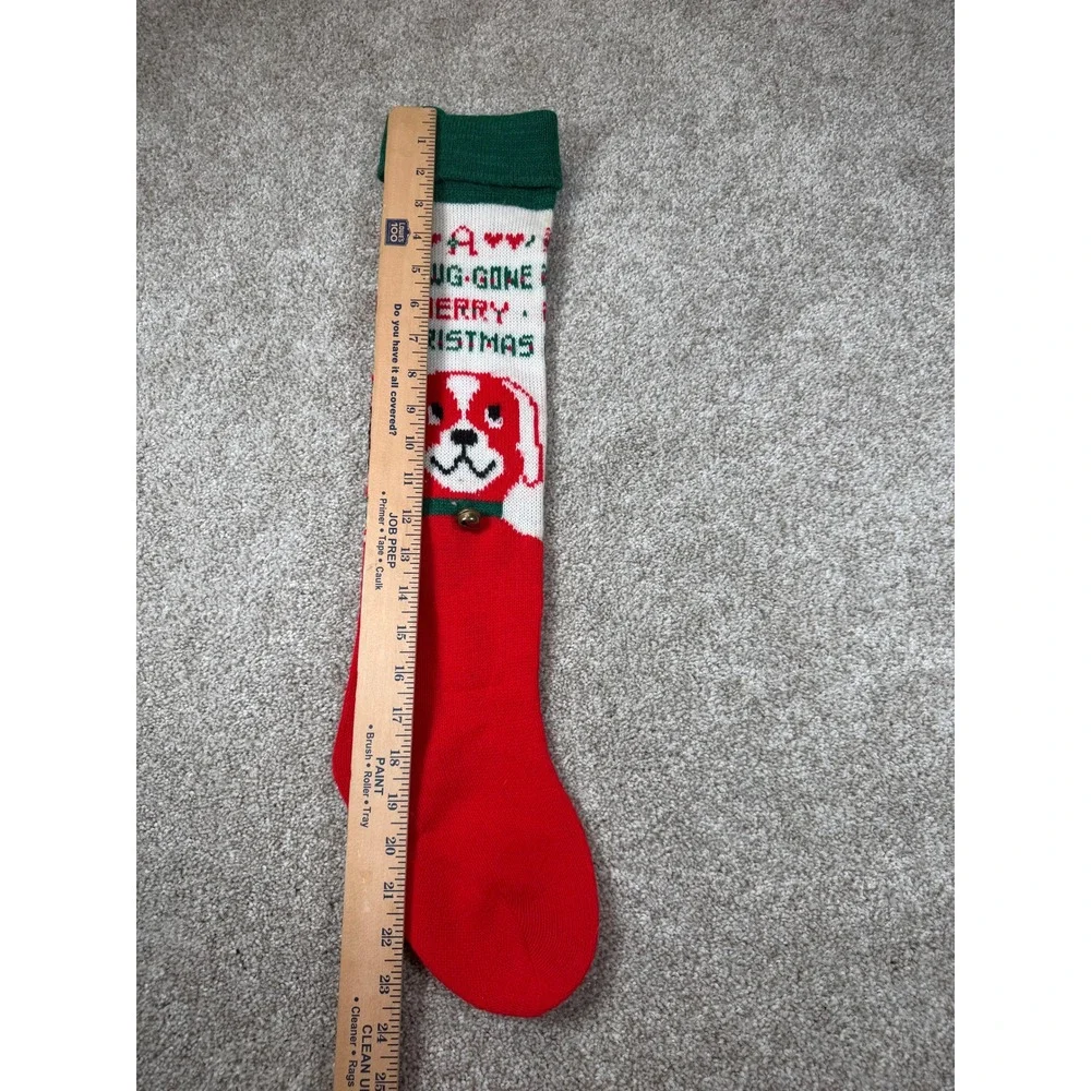 Vintage Dawg-Gone Merry Christmas Dog Knit Stocking Red Green Jingle Bell 22in